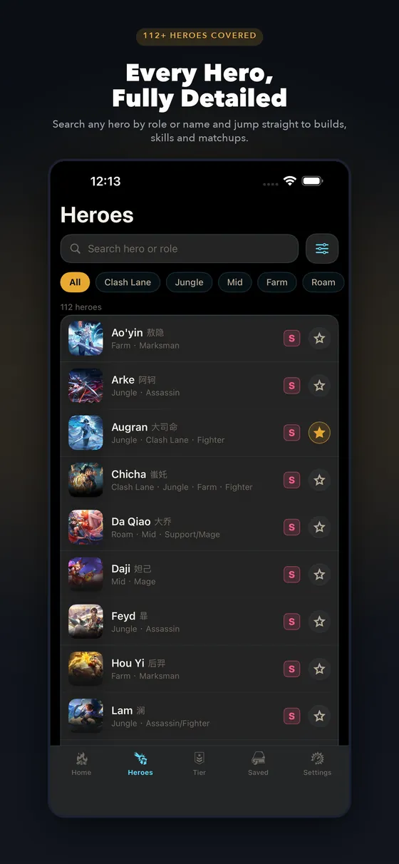 HoKStats app heroes list screen