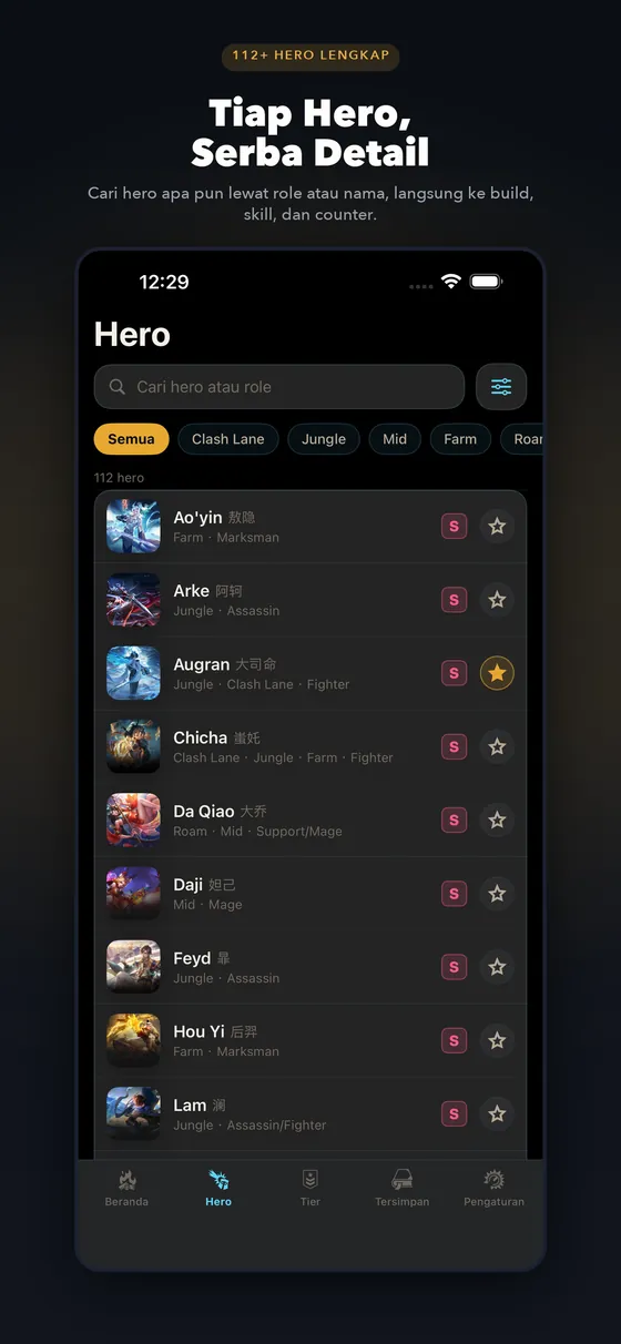 HoKStats app heroes list screen
